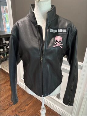 Black Leather Jacket with Pink Skull Patch - Women's Biker Style